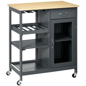 Gray Kitchen Island Cart, Rolling Utility Cart with Wine Rack, Shelves & Cabinet