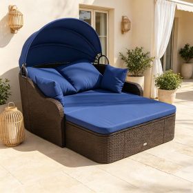 Patio PE Rattan Daybed Outdoor Sofa Set with Retractable Canopy Soft Cushions Comfortable Relaxing Garden Furniture