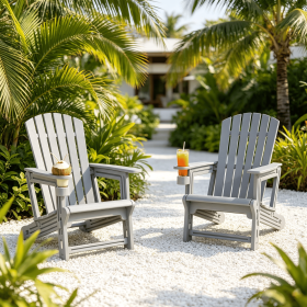 Set of 2 Adirondack Chairs with Cup Holder HDPE Wood-Like Texture for Garden Outdoor Relaxation in Stylish Design