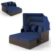 Outdoor Patio Rattan Daybed with Retractable Canopy and Side Tables