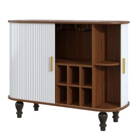 39" Fluted Liquor & Coffee Bar Cabinet with 6 Wine Racks and 3 Glass Holders, Mid-Century Modern Bar Cabinet with A Large Storage Drawer