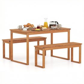 3 Pieces Acacia Wood Picnic Set with Outdoor Dining Table and 2 Benches for 4 People
