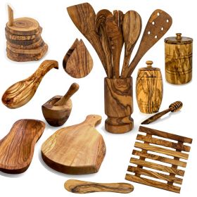 Mediterranean Olive Wood Ultimate Kitchen Collection - 25-Piece Luxury Handcrafted Cooking, Dining and Serving Accessories Set for Home and Tabletop