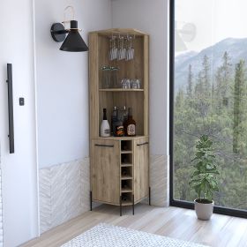 Corner Bar Cabinet, Two Shelves, Two Independent Single Door Cabinet, Five Built-in Wine Rack, Four Interior Shelves, Macadamia