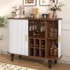 39" Fluted Liquor & Coffee Bar Cabinet with 6 Wine Racks and 3 Glass Holders, Mid-Century Modern Bar Cabinet with A Large Storage Drawer