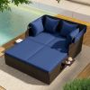 Outdoor Patio Rattan Daybed with Retractable Canopy and Side Tables
