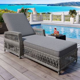 Outdoor Long Reclining Chaise, Wicker Lounge with Armrests, Patio Adjustable Recliner with Soft Removable Cushions (Color: Grey)