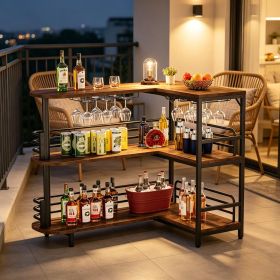 3 Tier L-Shaped Bar Unit Liquor Bar Table with Wine Glasses Holder Home Pub Counter Corner Bar Shelf Storage Rack for Kitchen (Color: Brown)