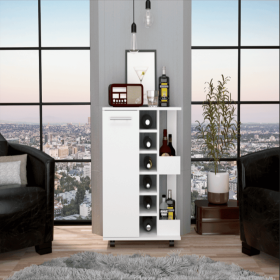 Bar Cart Wells, Four Casters, Six Wine Cubbies, Single Door Cabinet, White Finish (Color: White)