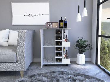 Bar Cart Wells, Four Casters, Six Wine Cubbies, Single Door Cabinet, White Finish (Color: as Pic)
