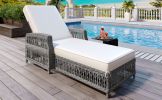 Outdoor Long Reclining Chaise, Wicker Lounge with Armrests, Patio Adjustable Recliner with Soft Removable Cushions